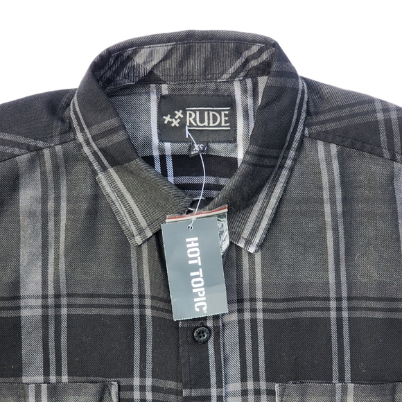 Hot Topic XXX Rude Black & Grey Spray Ombre Plaid Button Up Shirt - Picture 3 of 6